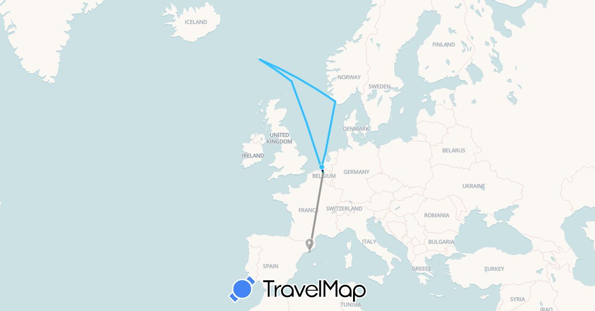 TravelMap itinerary: driving, bus, plane, boat in Belgium, Spain, Faroe Islands, United Kingdom, Netherlands, Norway (Europe)